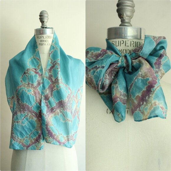 Vintage Accessories - Vintage Silk Scarf, Blue and Purple Watercolor Print Rectangle Wrap